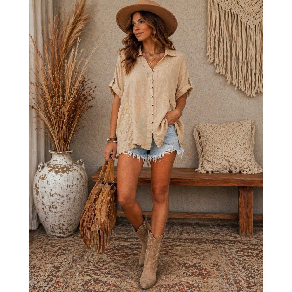 GiGiO USA Beige Cotton Gauze Raw Edge Embroidered Large Boho Lagenlook Top NWT